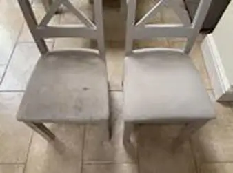 Before and after comparison of dining chair fabric upholstery cleaning.