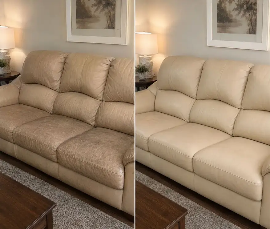 Before and after comparison of leather sofa cleaning and restoration.