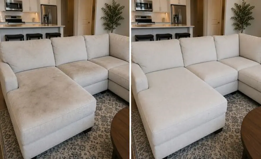 Before and after comparison of sectional sofa fabric upholstery cleaning.