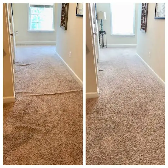 Before and after comparison of hallway carpet stretching and wrinkle repair.